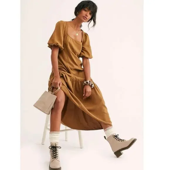 NWT Free People Jordan Puff Short Sleeve Ruffle Hem Midi Dress Tabacoo Size XL - Picture 2 of 10